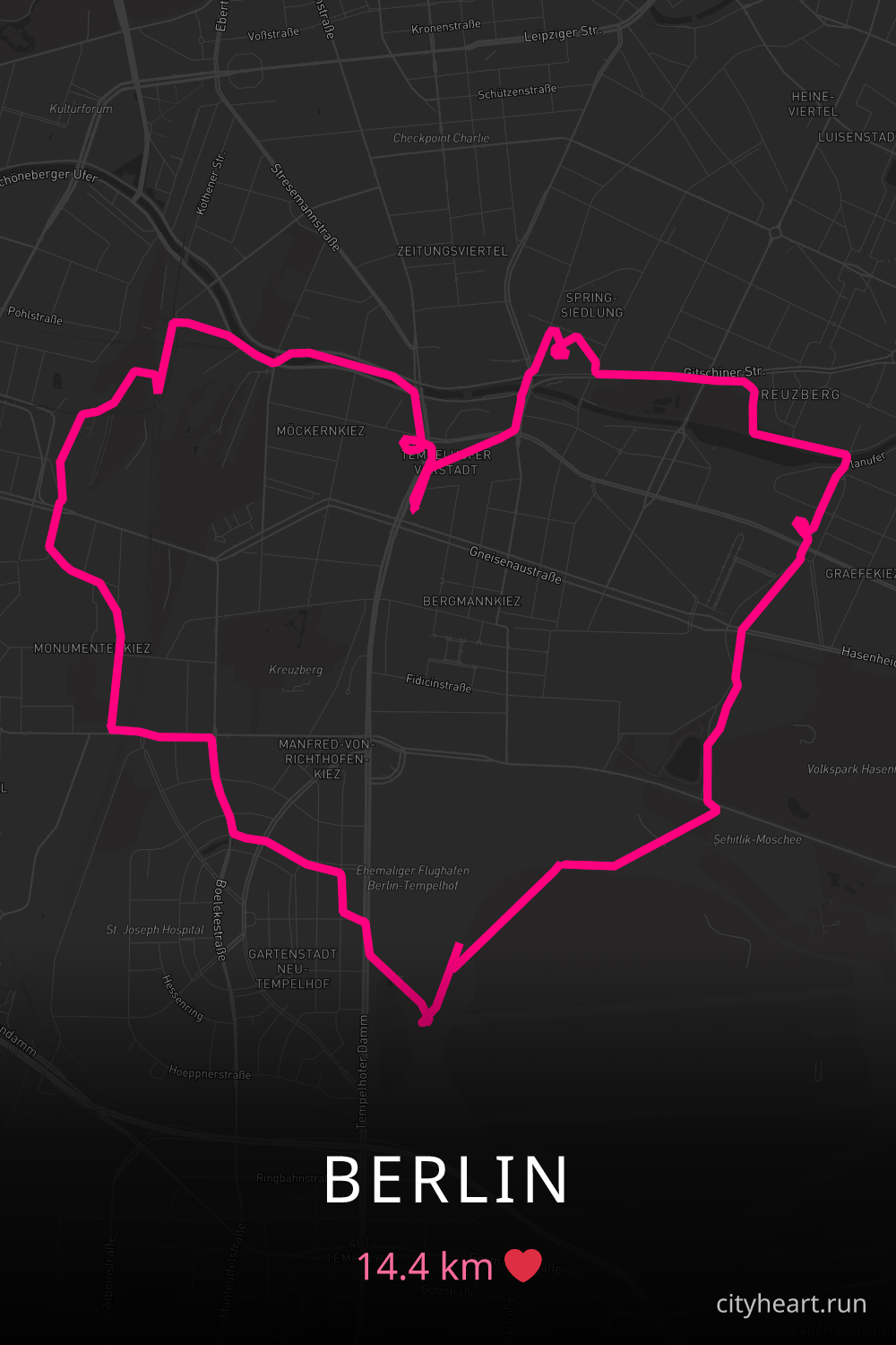 Heart-shaped running route in Berlin, 14.4 km — GPS art for Strava