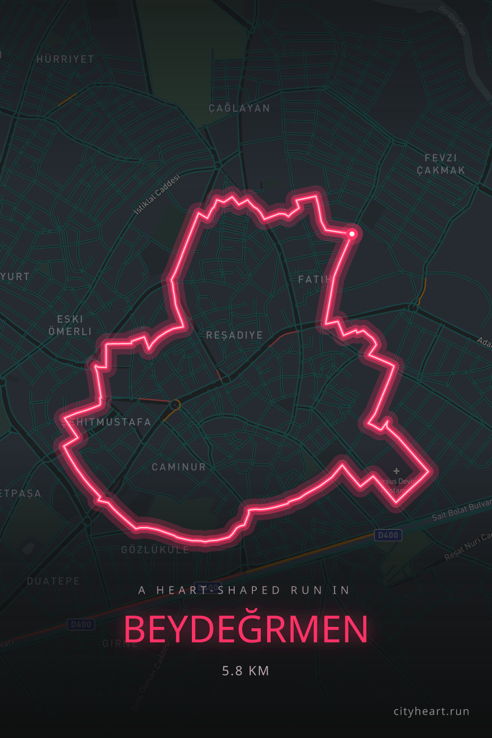 Heart-shaped running route in Beydeğrmen, 5.8 km — GPS art for Strava