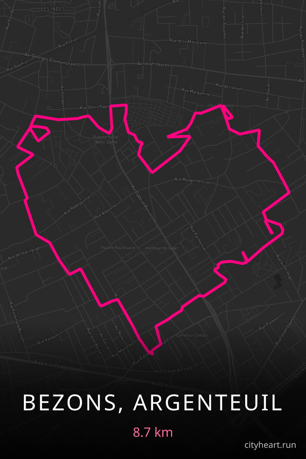 Heart-shaped running route in Bezons, Argenteuil, 8.7 km — GPS art for Strava