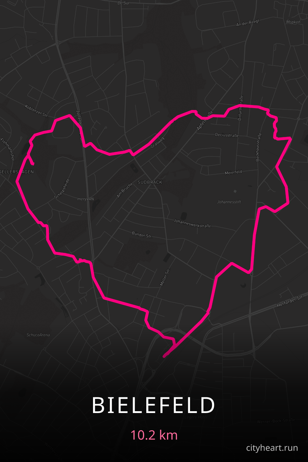 Heart-shaped running route in Bielefeld, 10.2 km — GPS art for Strava