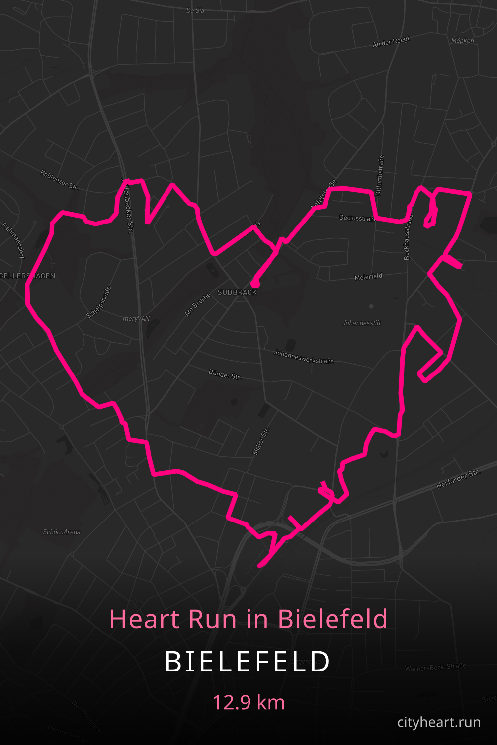 Heart-shaped running route in Bielefeld, 14.0 km — GPS art for Strava