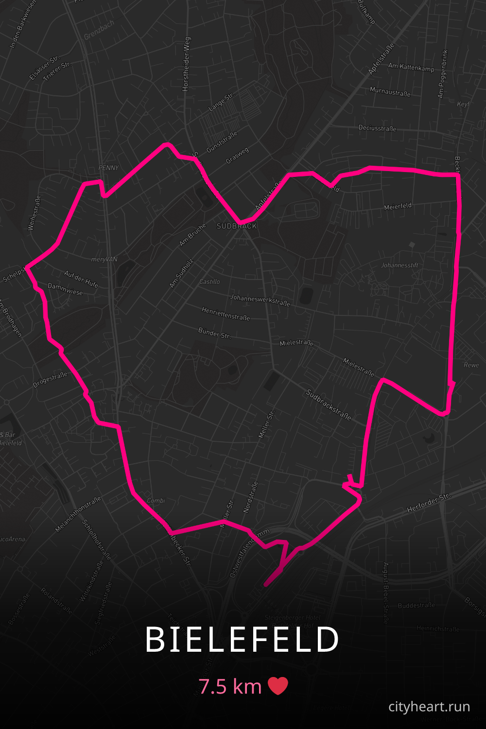 Heart-shaped running route in Bielefeld, 7.5 km — GPS art for Strava