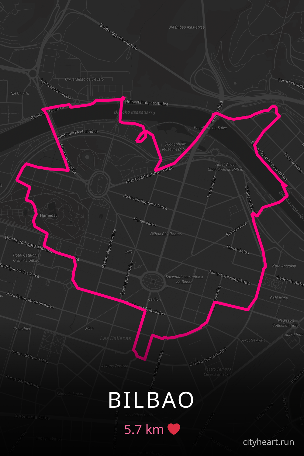 Heart-shaped running route in Bilbao, 5.7 km — GPS art for Strava