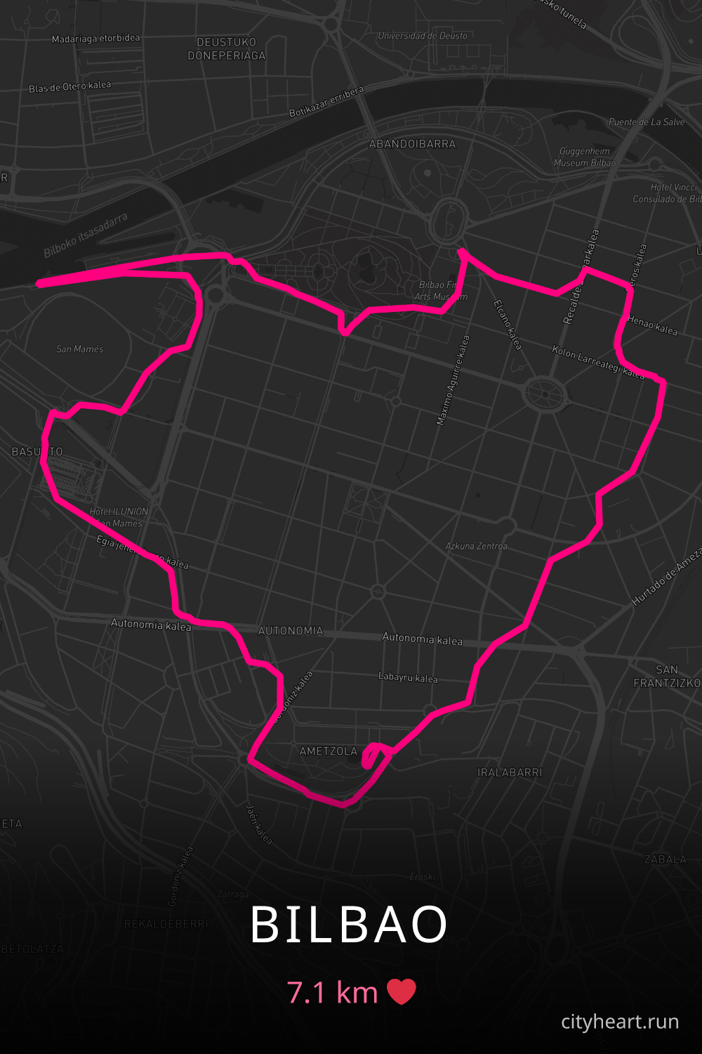 Heart-shaped running route in Bilbao, 7.1 km — GPS art for Strava