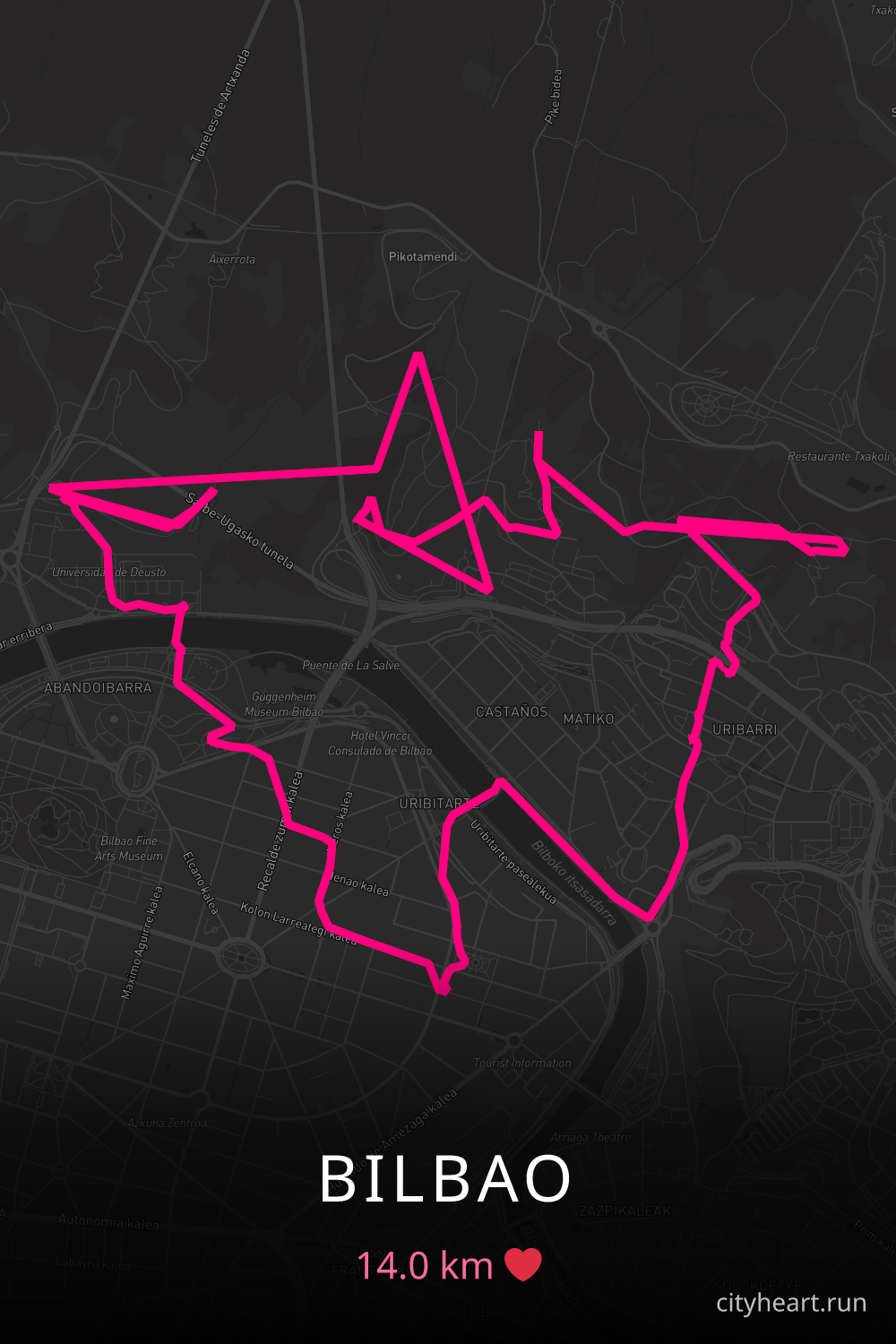 Heart-shaped running route in Bilbao, 14.0 km — GPS art for Strava