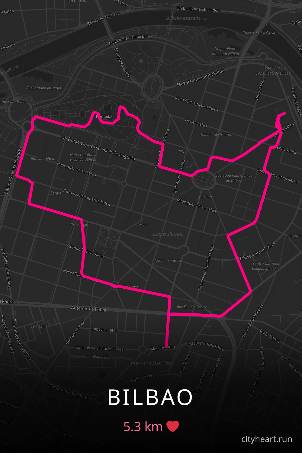 Heart-shaped running route in Bilbao, 5.3 km — GPS art for Strava