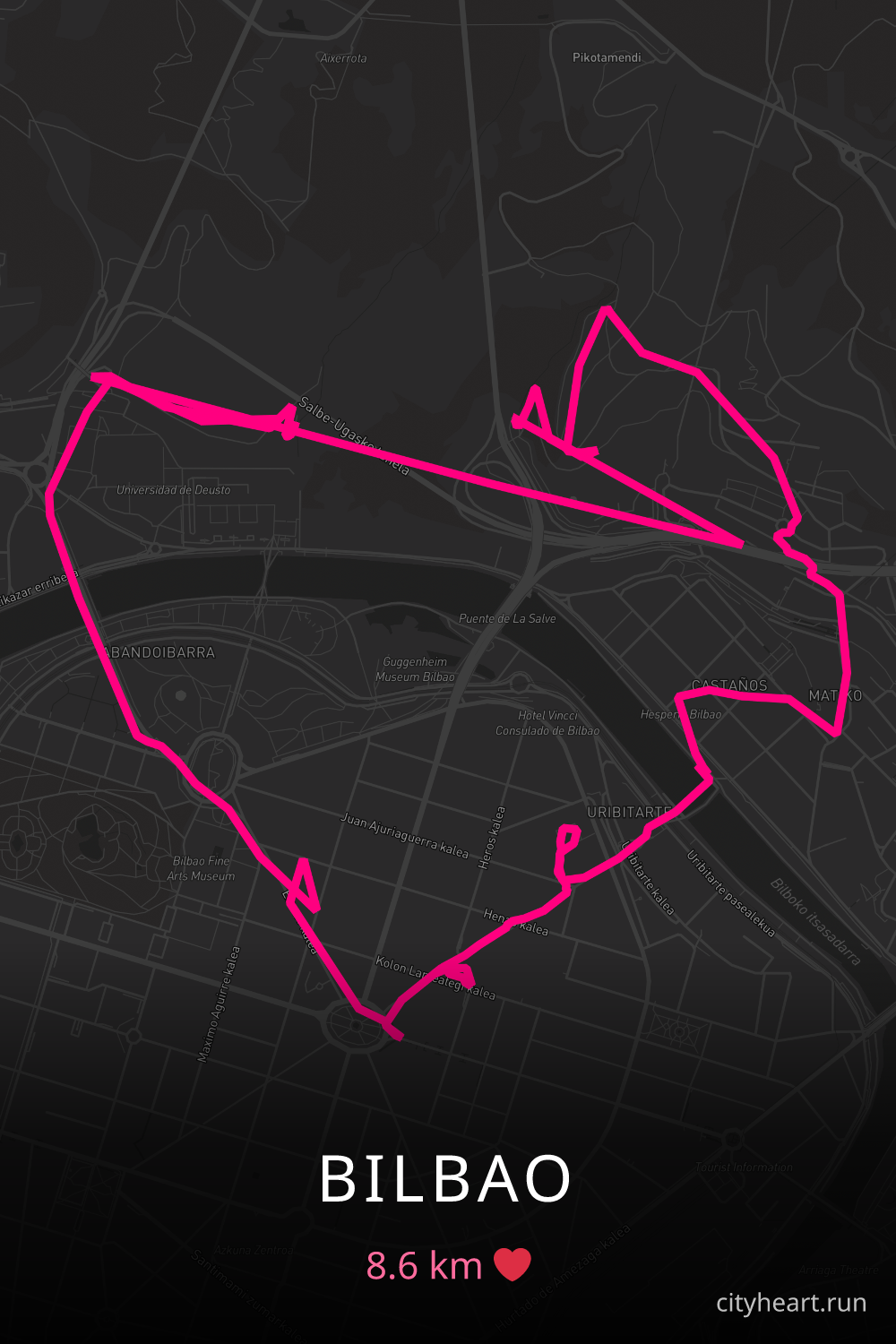 Heart-shaped running route in Bilbao, 8.6 km — GPS art for Strava