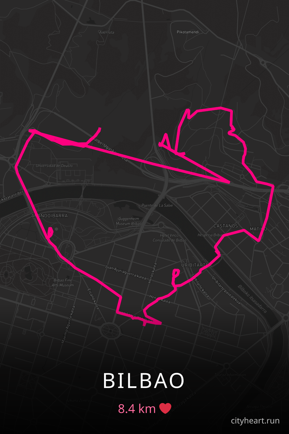 Heart-shaped running route in Bilbao, 8.4 km — GPS art for Strava
