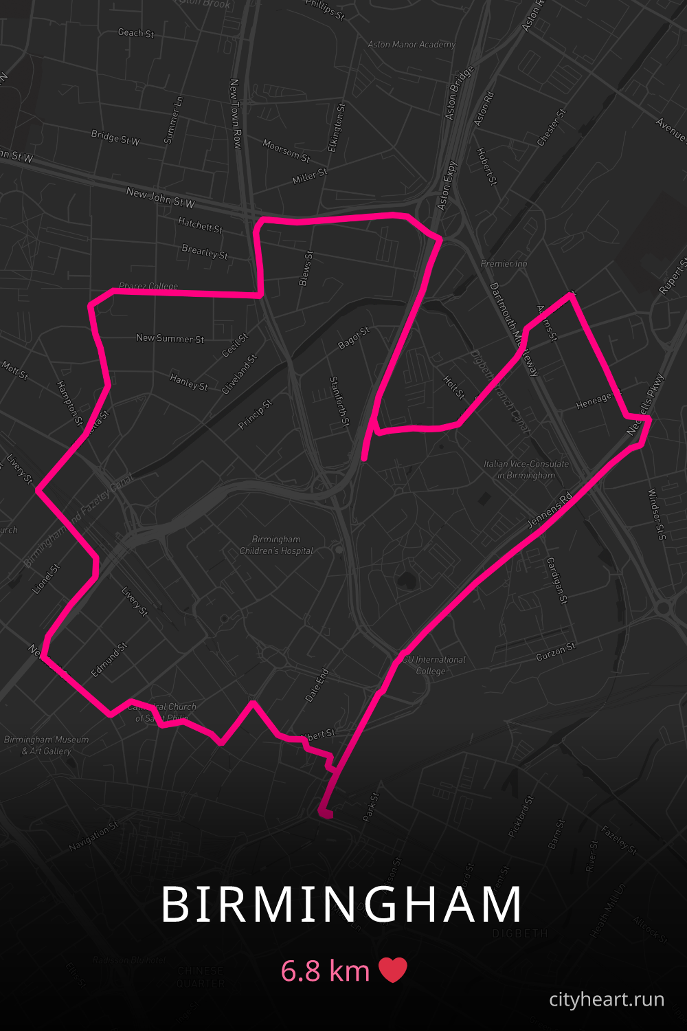 Heart-shaped running route in Birmingham, 6.8 km — GPS art for Strava
