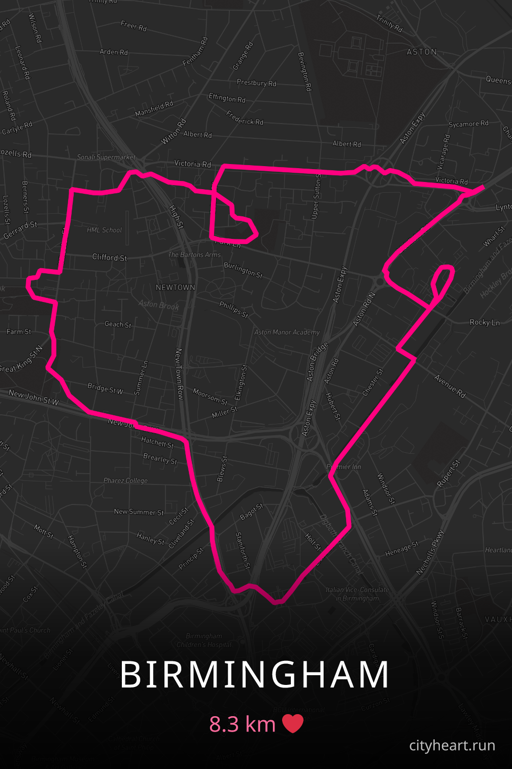 Heart-shaped running route in Birmingham, 8.3 km — GPS art for Strava