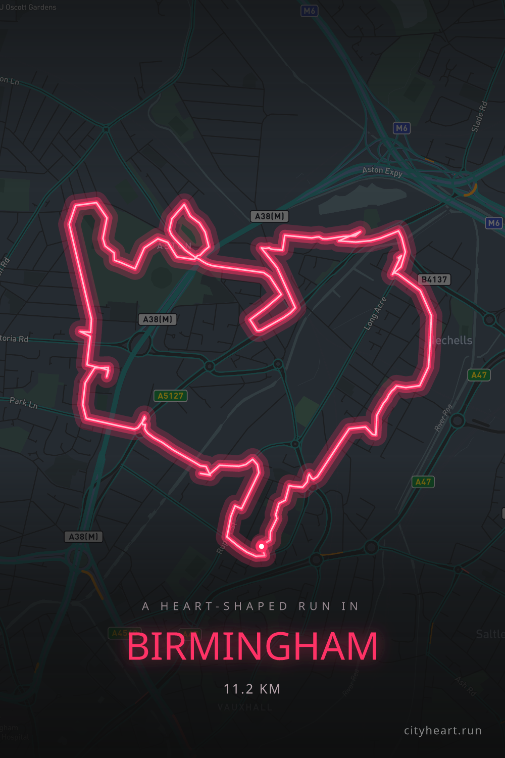 Heart-shaped running route in Birmingham, 11.2 km — GPS art for Strava