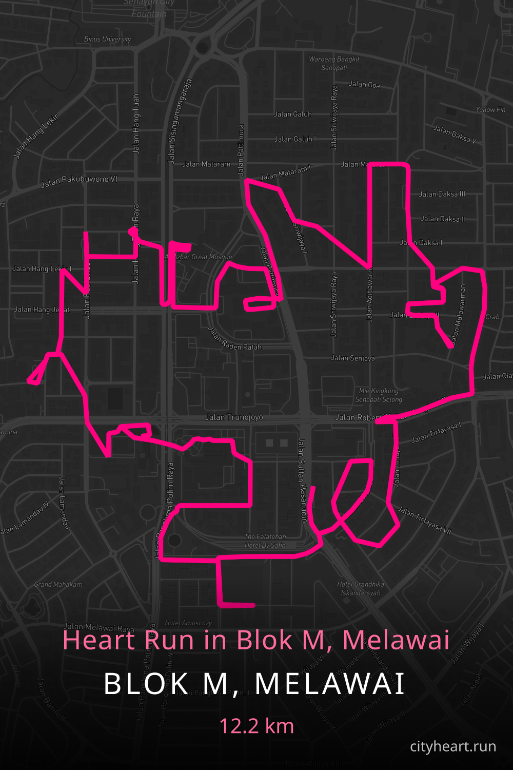 Heart-shaped running route in Blok M, Melawai, 13.6 km — GPS art for Strava