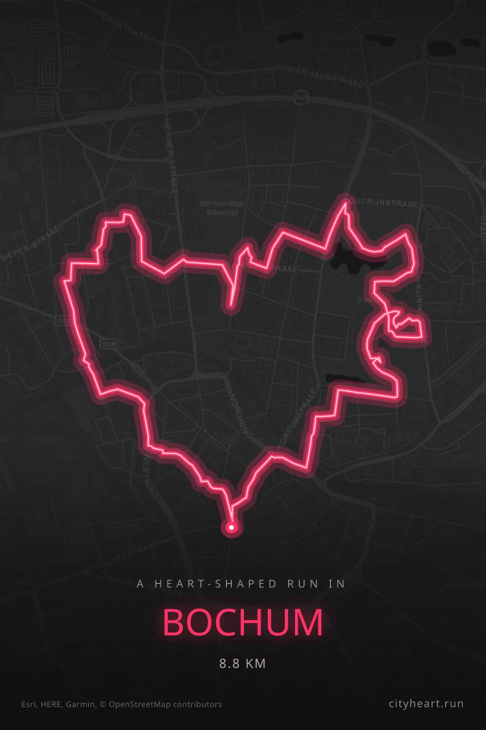 Heart-shaped running route in Bochum, 8.8 km — GPS art for Strava
