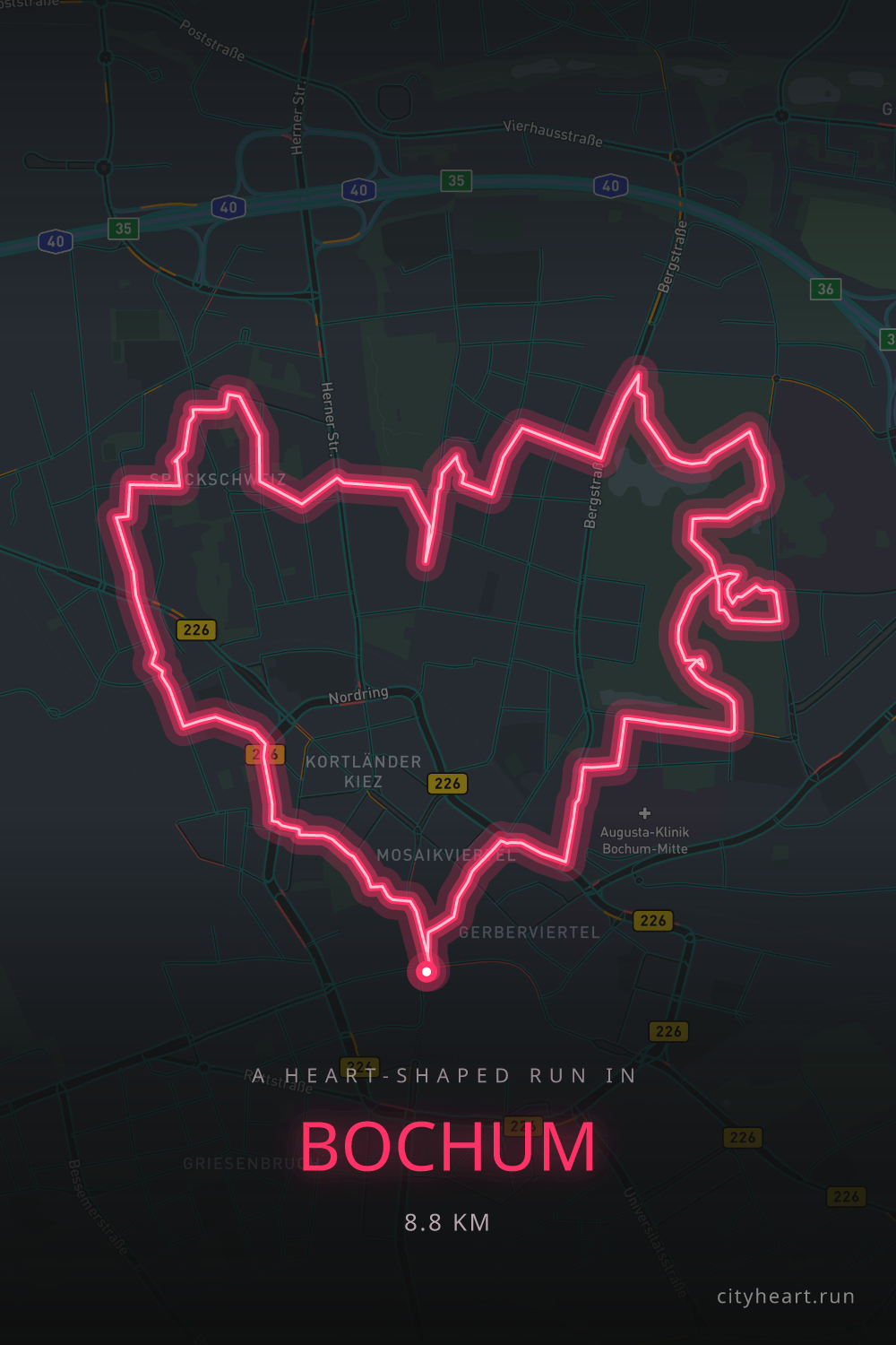 Heart-shaped running route in Bochum, 8.8 km — GPS art for Strava