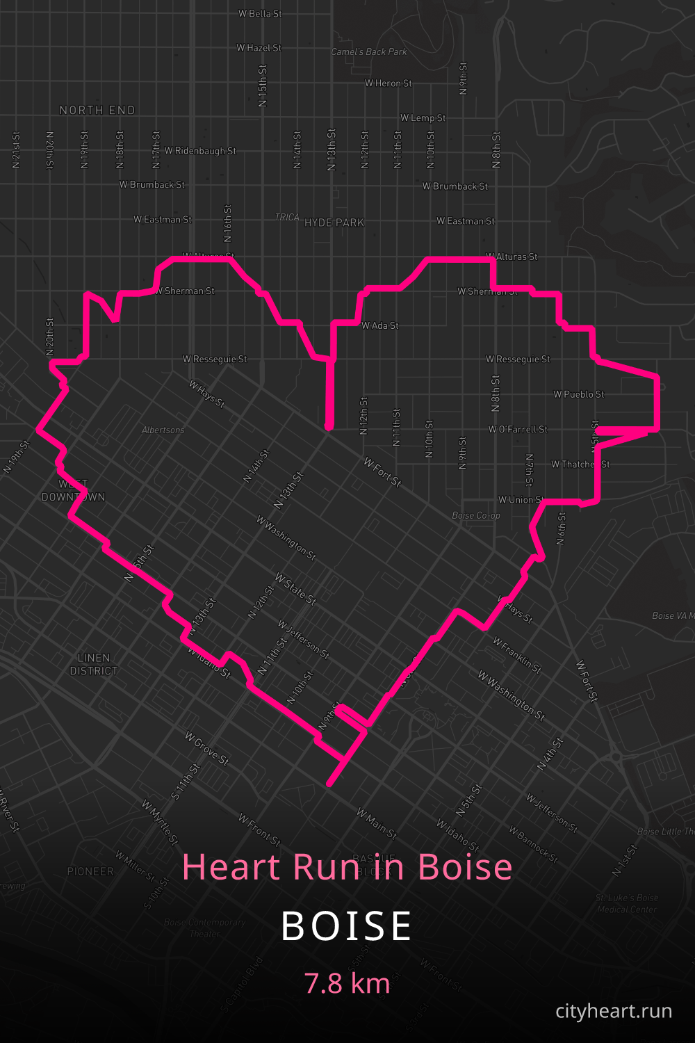 Heart-shaped running route in Boise, 7.9 km — GPS art for Strava