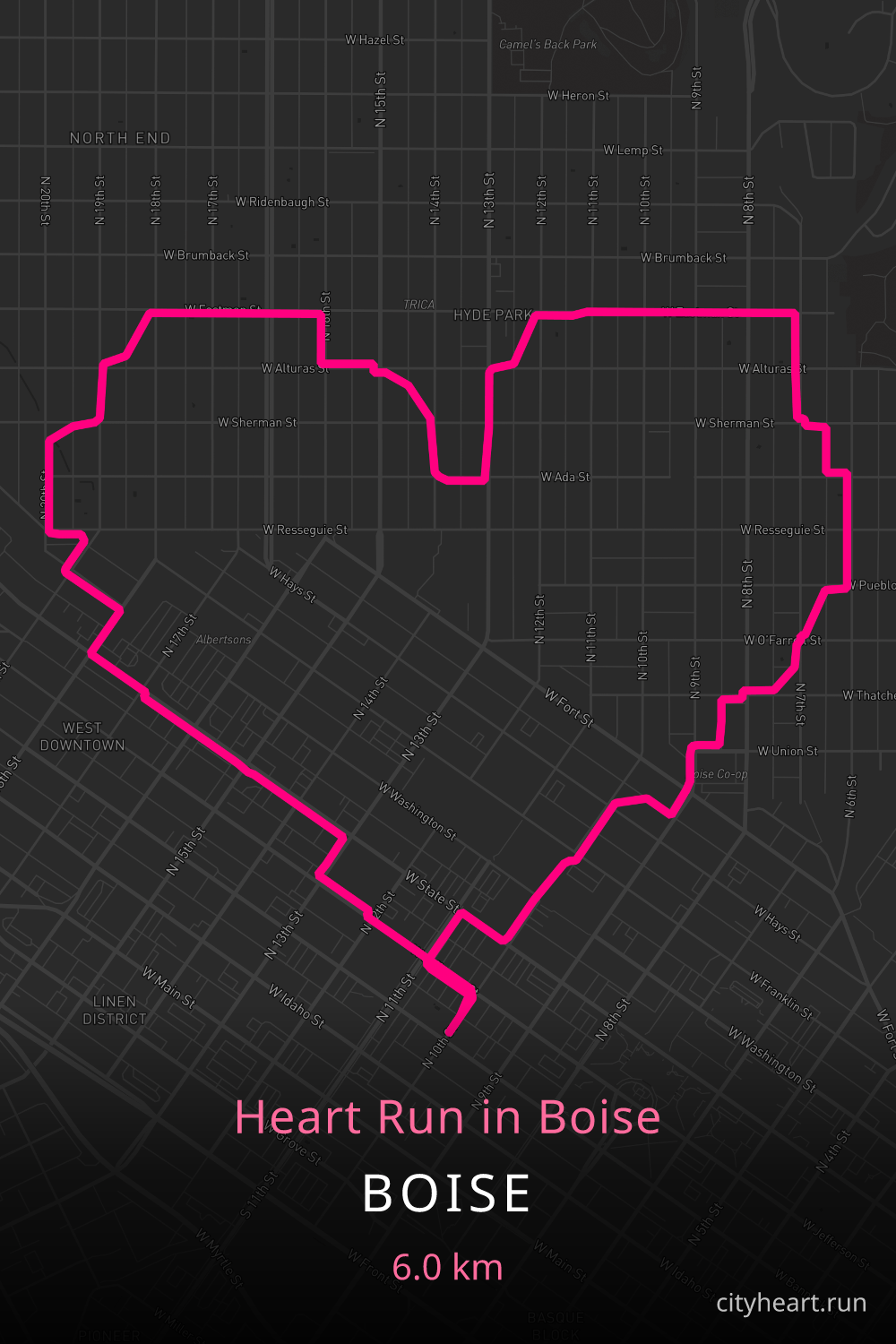 Heart-shaped running route in Boise, 6.5 km — GPS art for Strava