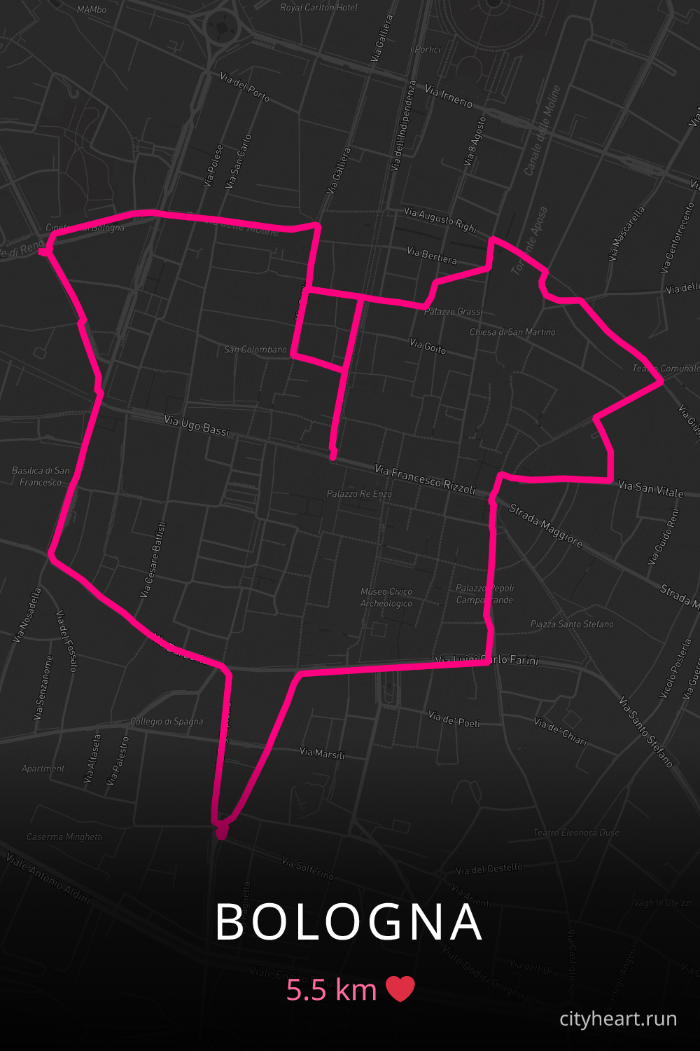 Heart-shaped running route in Bologna, 5.5 km — GPS art for Strava