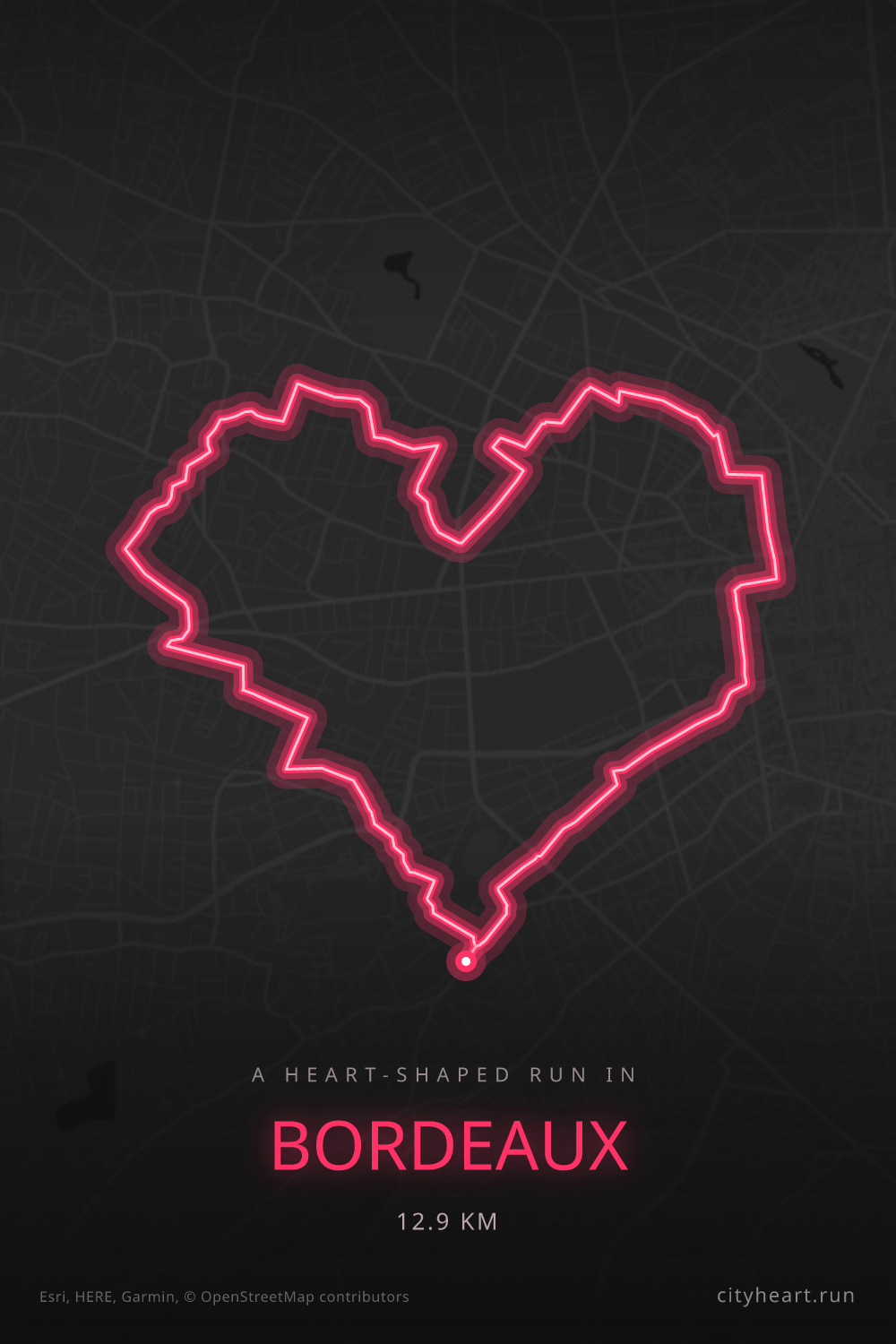 Heart-shaped running route in Bordeaux, 12.9 km — GPS art for Strava