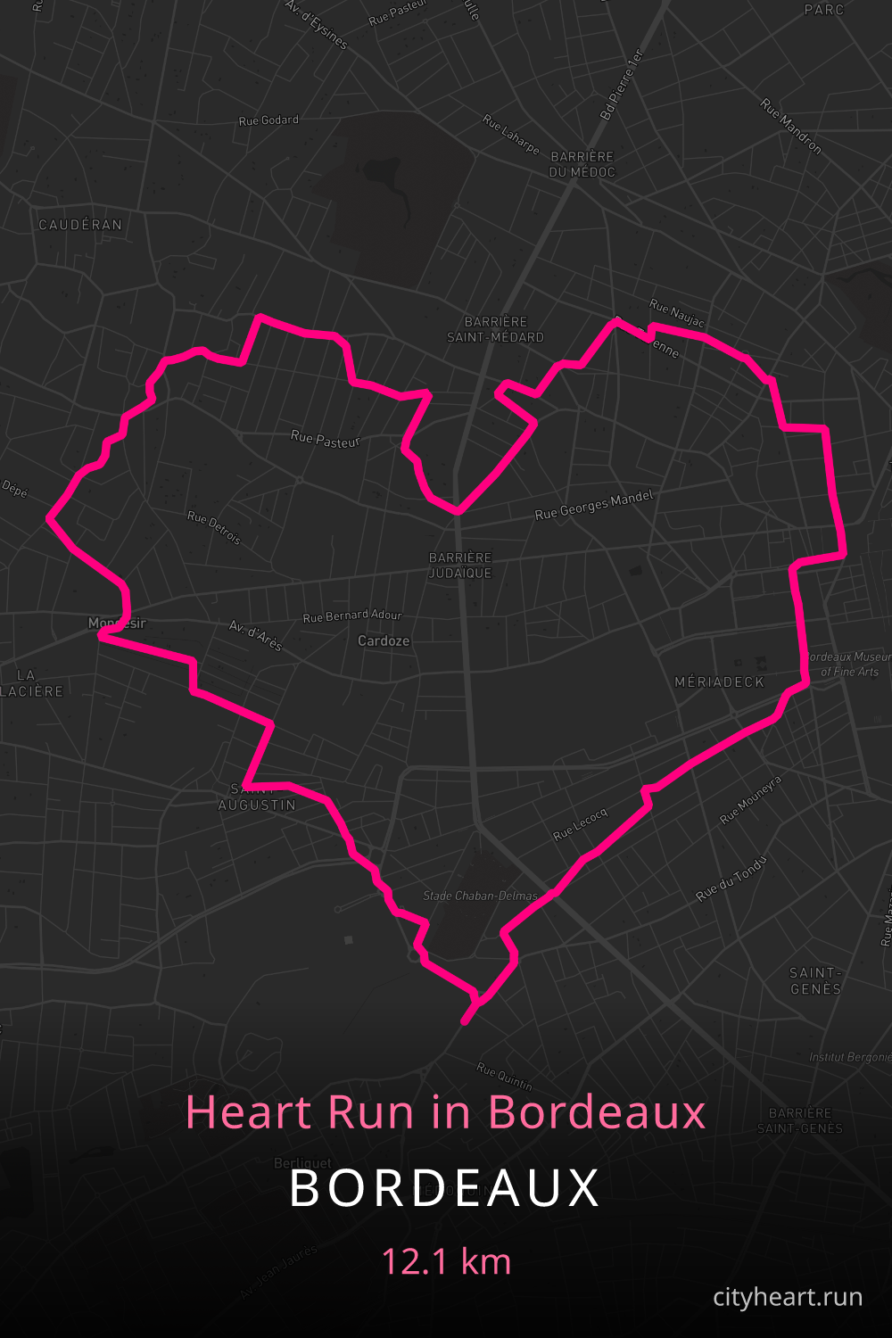 Heart-shaped running route in Bordeaux, 12.9 km — GPS art for Strava