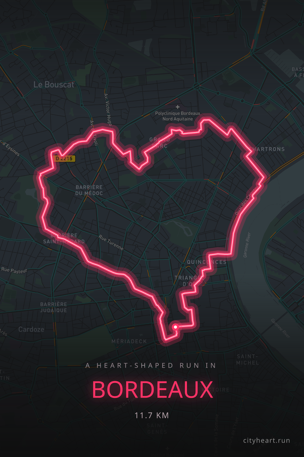 Heart-shaped running route in Bordeaux, 11.7 km — GPS art for Strava