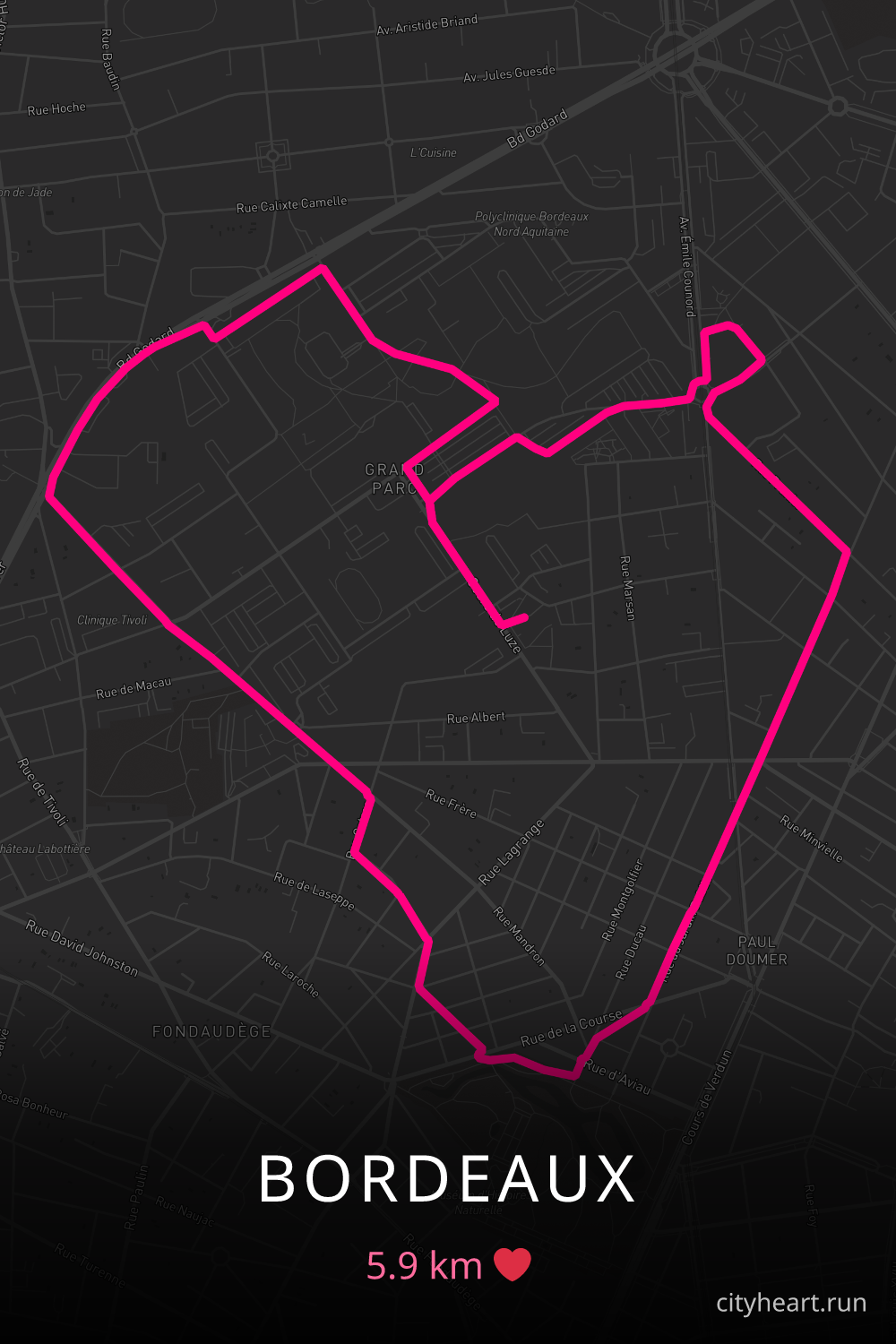 Heart-shaped running route in Bordeaux, 5.9 km — GPS art for Strava
