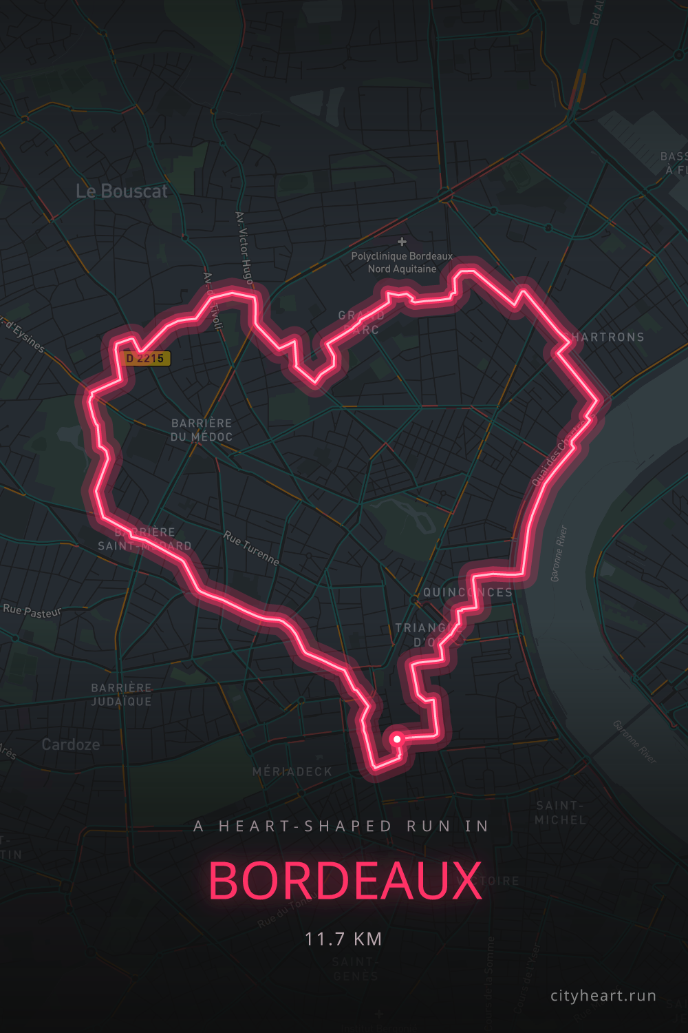 Heart-shaped running route in Bordeaux, 11.7 km — GPS art for Strava
