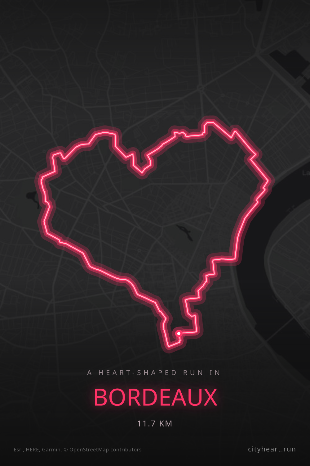 Heart-shaped running route in Bordeaux, 11.7 km — GPS art for Strava