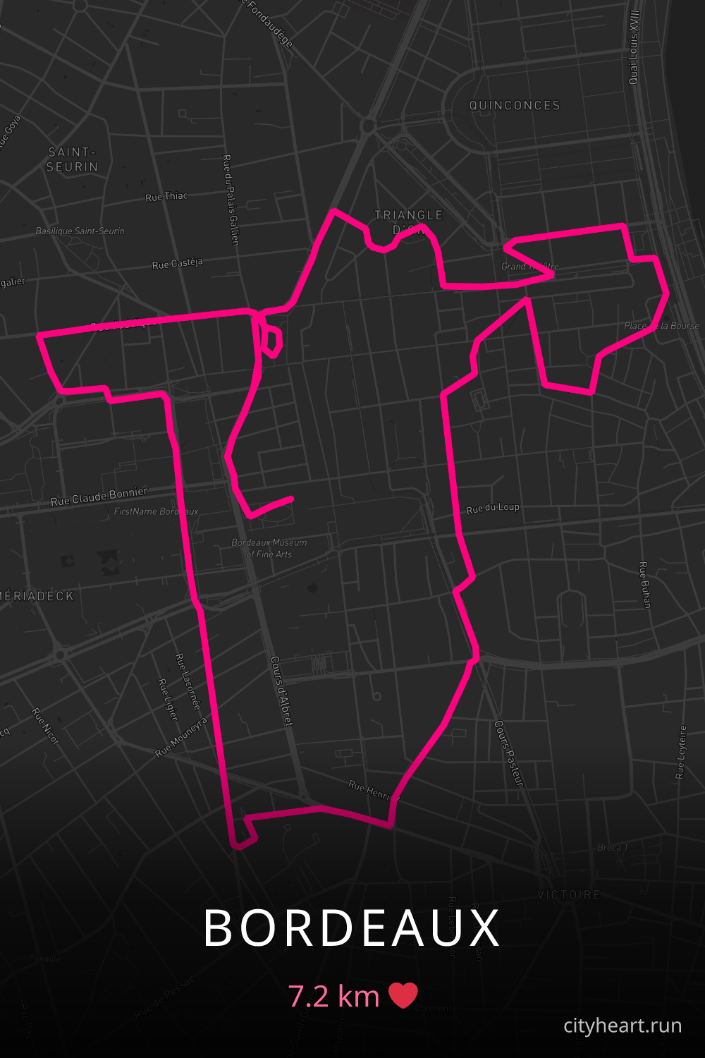 Heart-shaped running route in Bordeaux, 7.2 km — GPS art for Strava