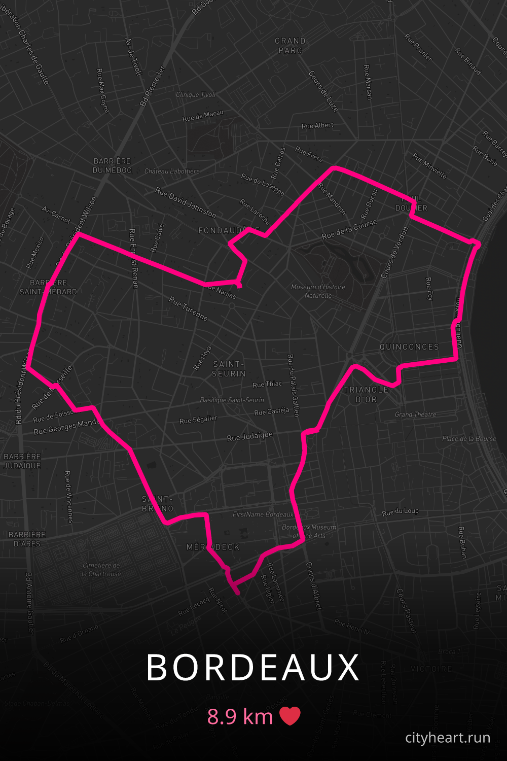 Heart-shaped running route in Bordeaux, 8.9 km — GPS art for Strava