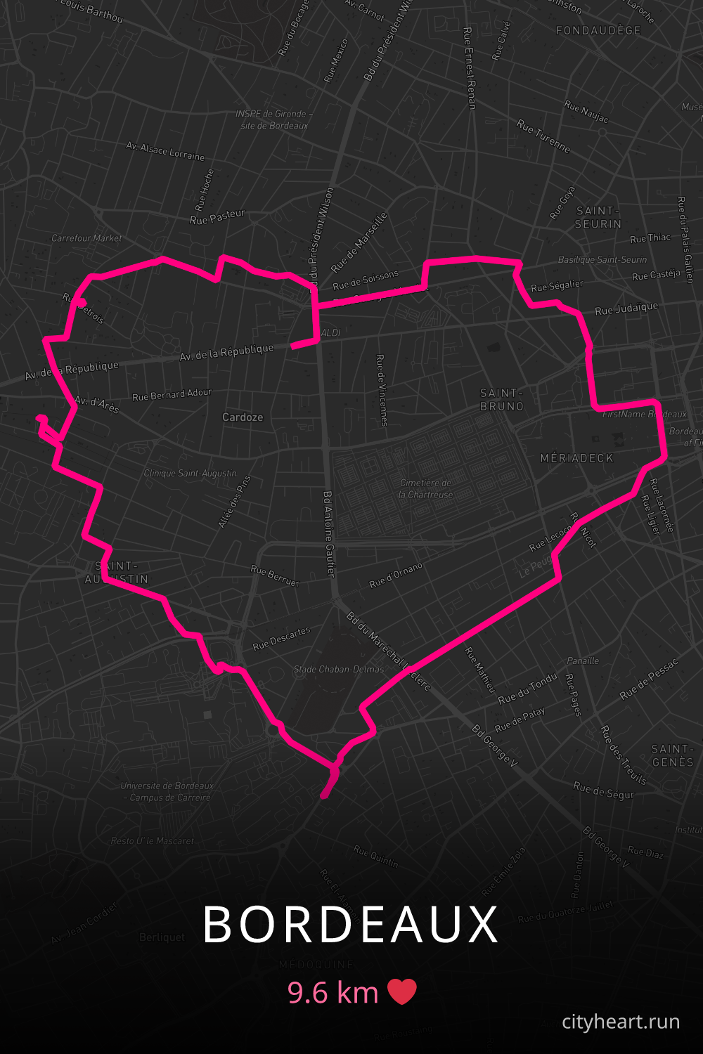 Heart-shaped running route in Bordeaux, 9.6 km — GPS art for Strava