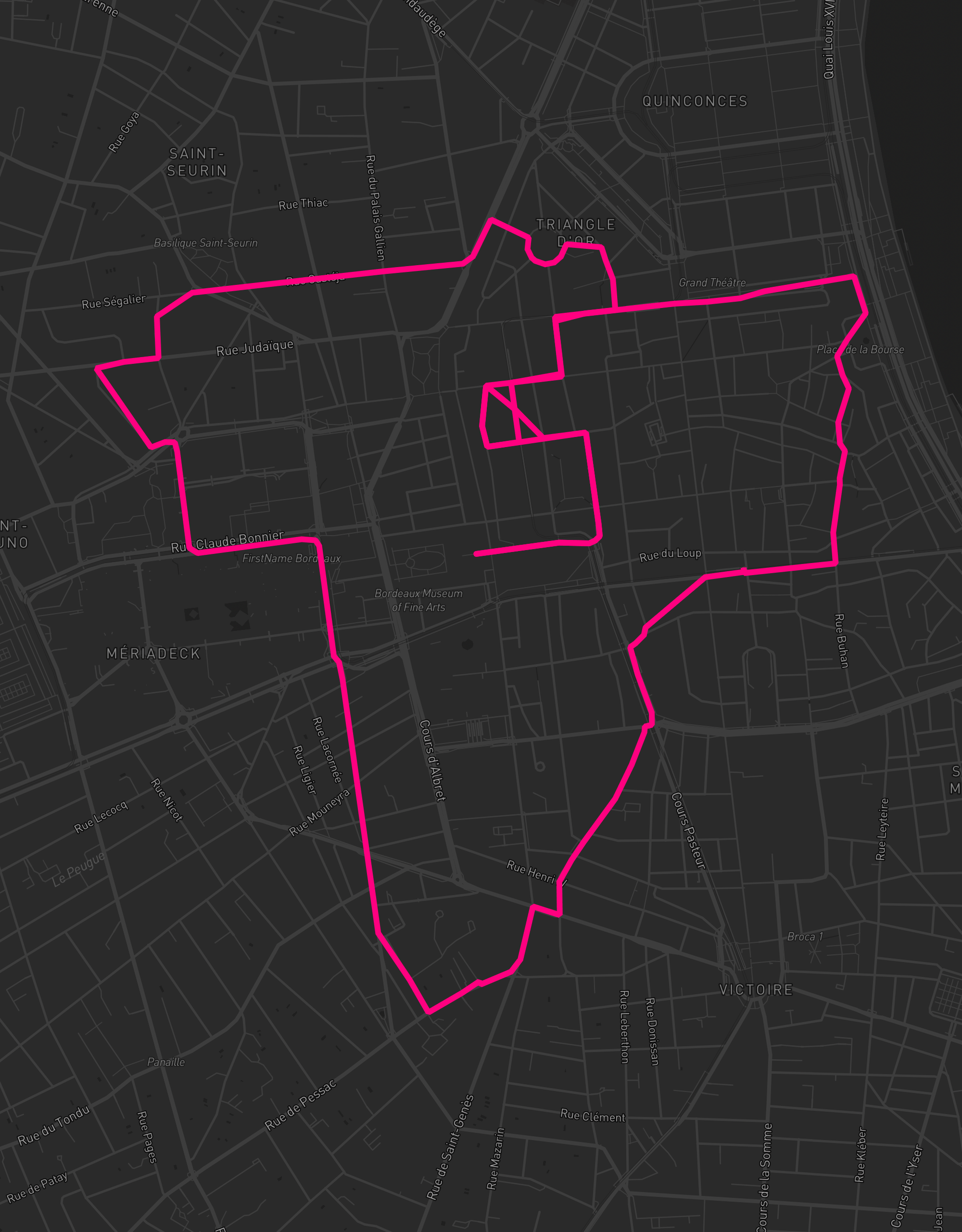 Heart-shaped running route in Bordeaux, 8.1 km — GPS art for Strava