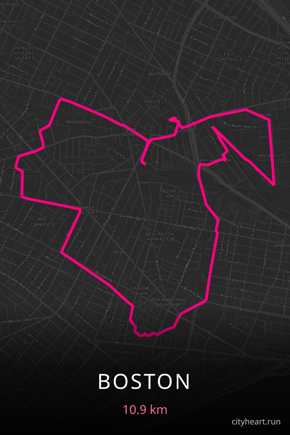 Heart-shaped running route in Boston, 10.9 km — GPS art for Strava