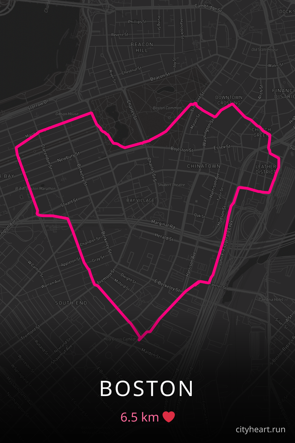 Heart-shaped running route in Boston, 6.5 km — GPS art for Strava