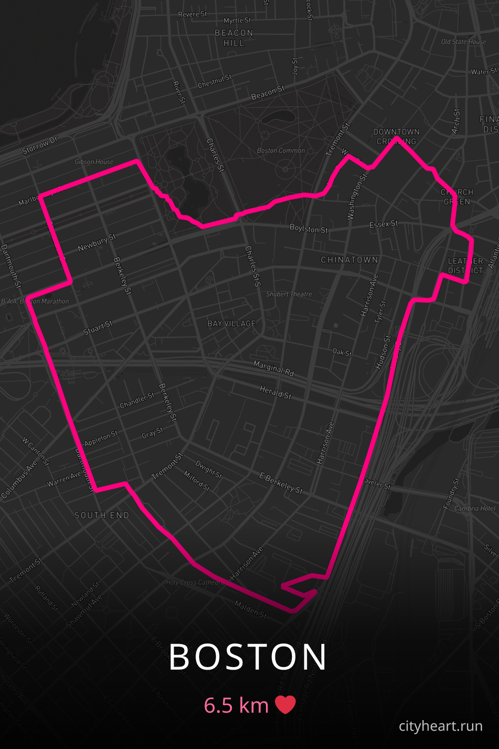 Heart-shaped running route in Boston, 6.5 km — GPS art for Strava
