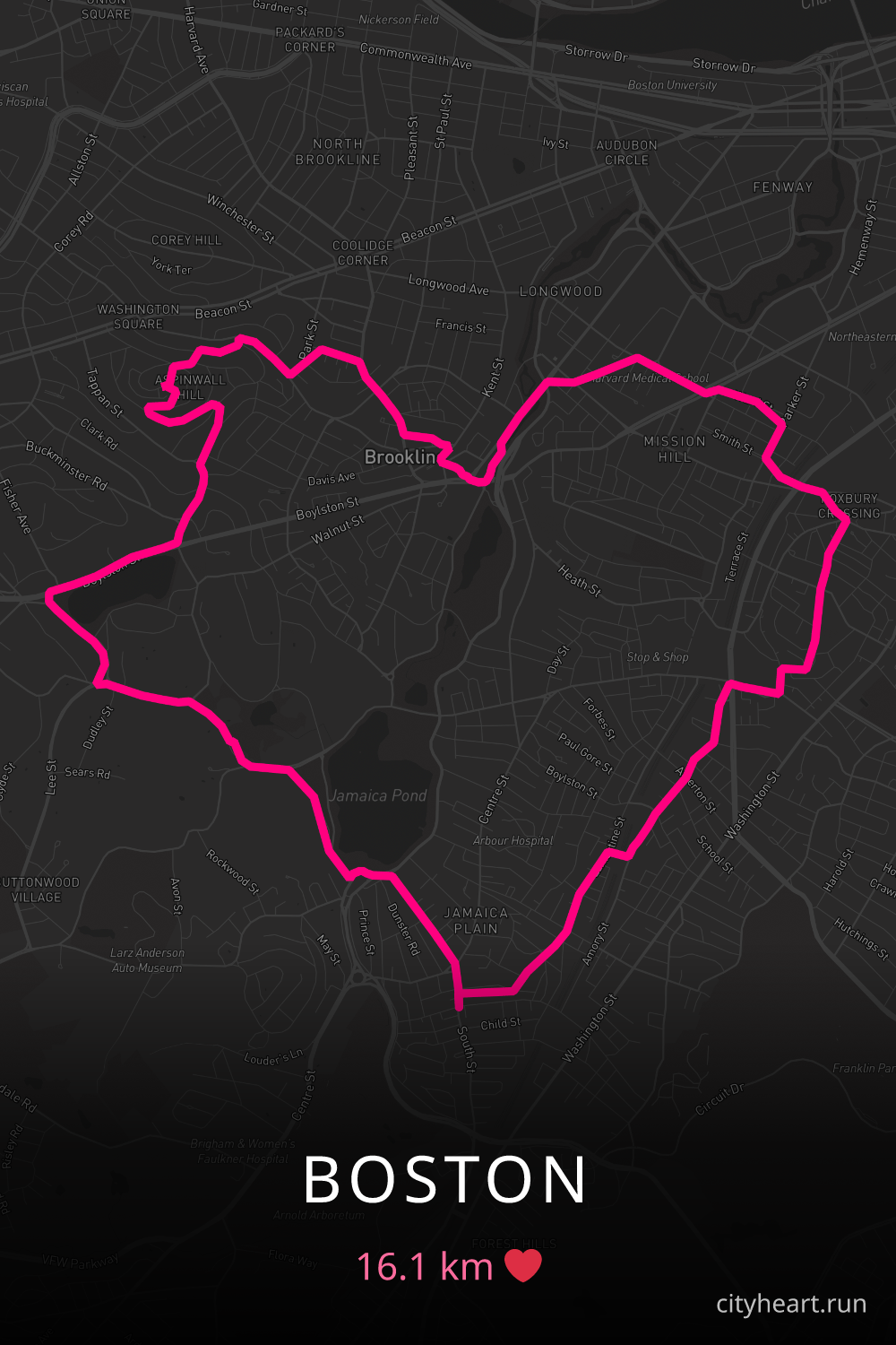 Heart-shaped running route in Boston, 16.1 km — GPS art for Strava