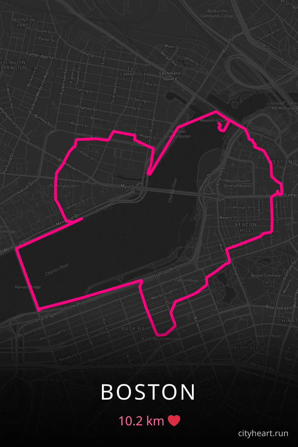 Heart-shaped running route in Boston, 10.2 km — GPS art for Strava