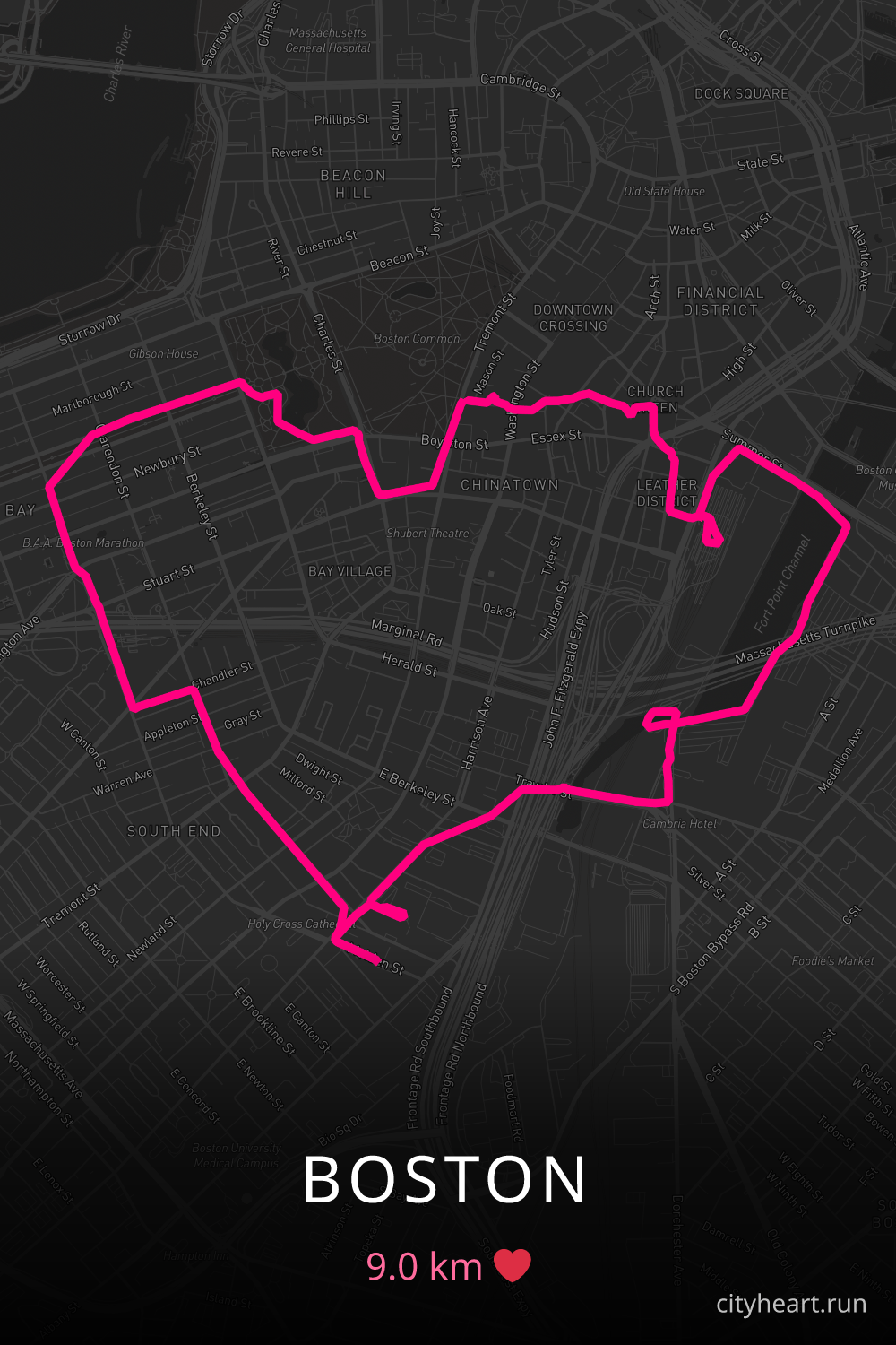 Heart-shaped running route in Boston, 9.0 km — GPS art for Strava