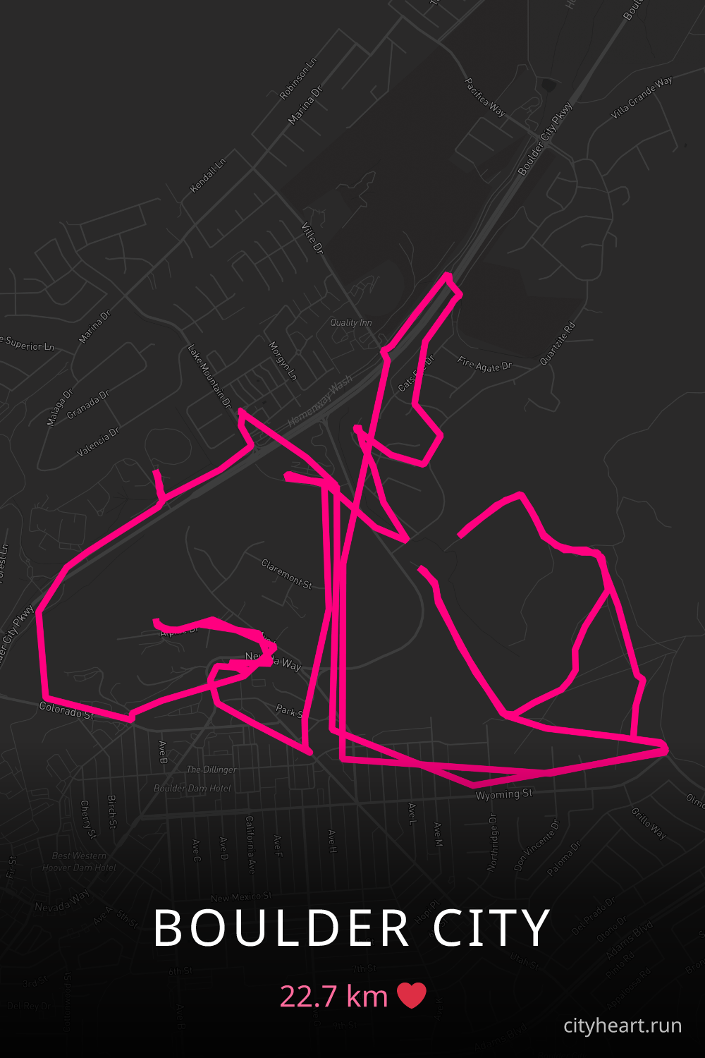 Heart-shaped running route in Boulder City, 22.7 km — GPS art for Strava