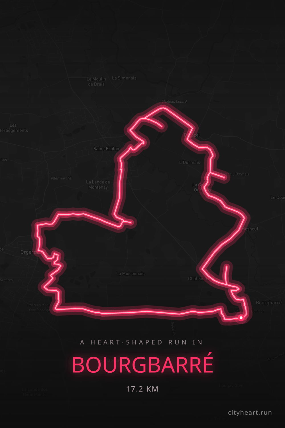 Heart-shaped running route in Bourgbarré, 18.4 km — GPS art for Strava