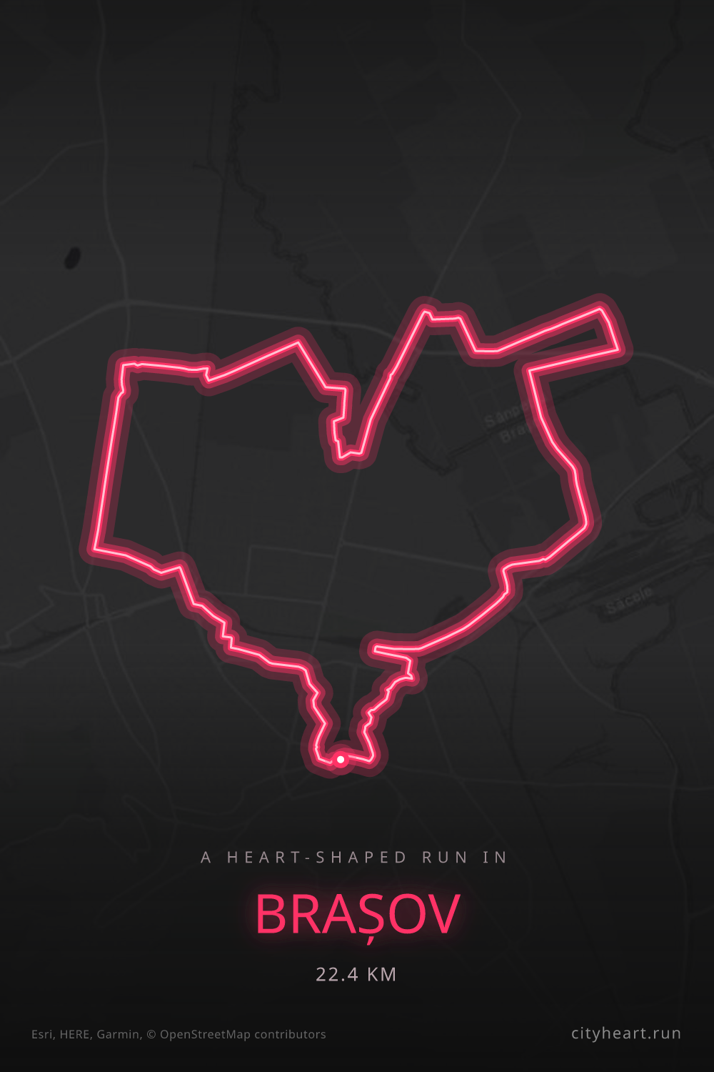 Heart-shaped running route in Brașov, 22.4 km — GPS art for Strava