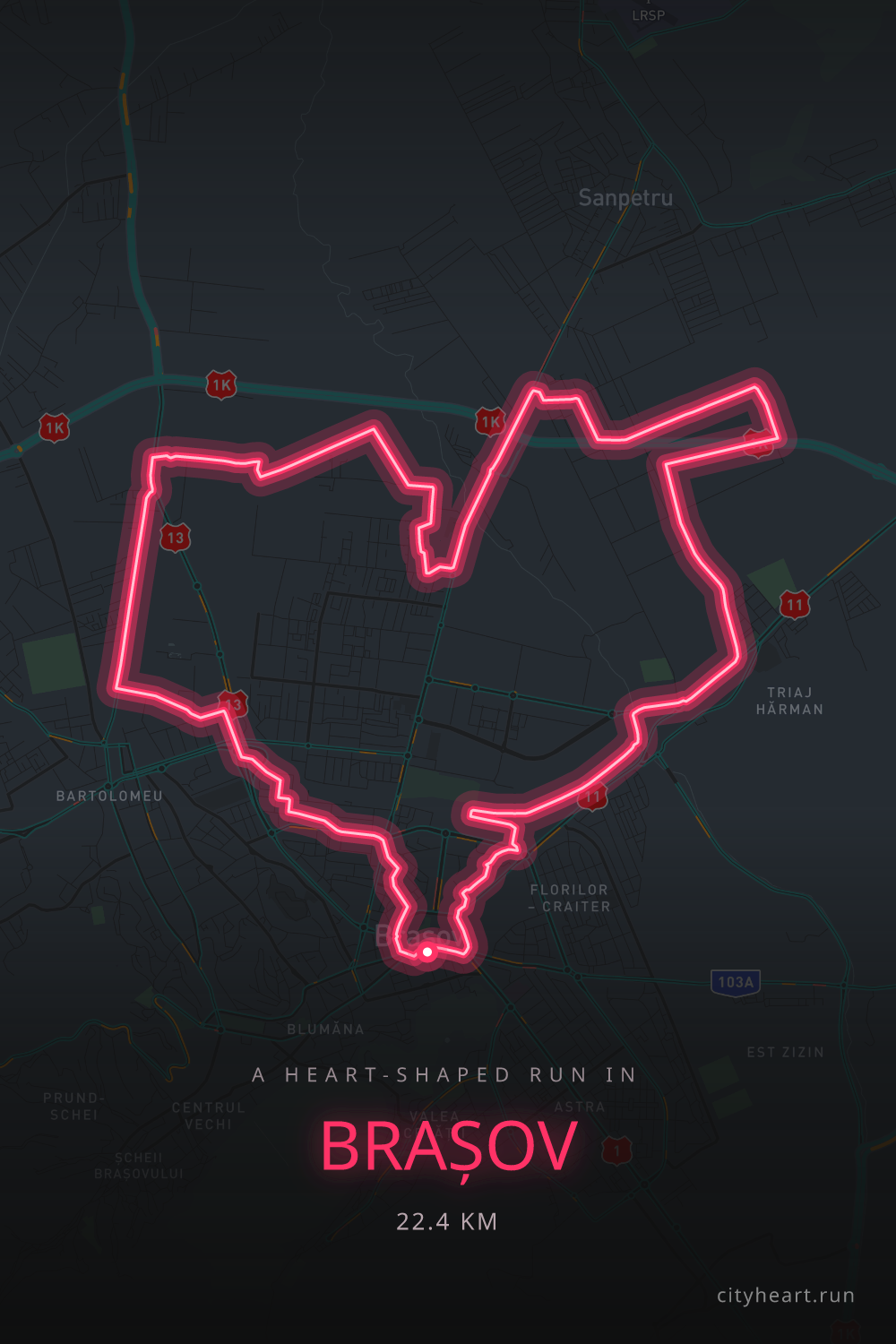 Heart-shaped running route in Brașov, 22.4 km — GPS art for Strava