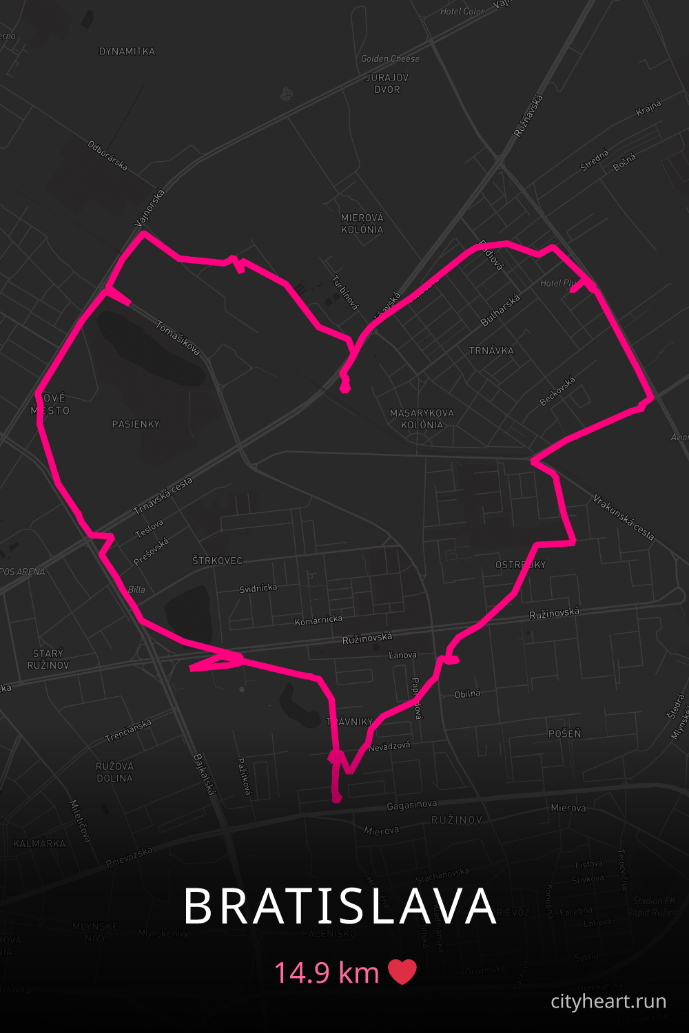 Heart-shaped running route in Bratislava, 14.9 km — GPS art for Strava