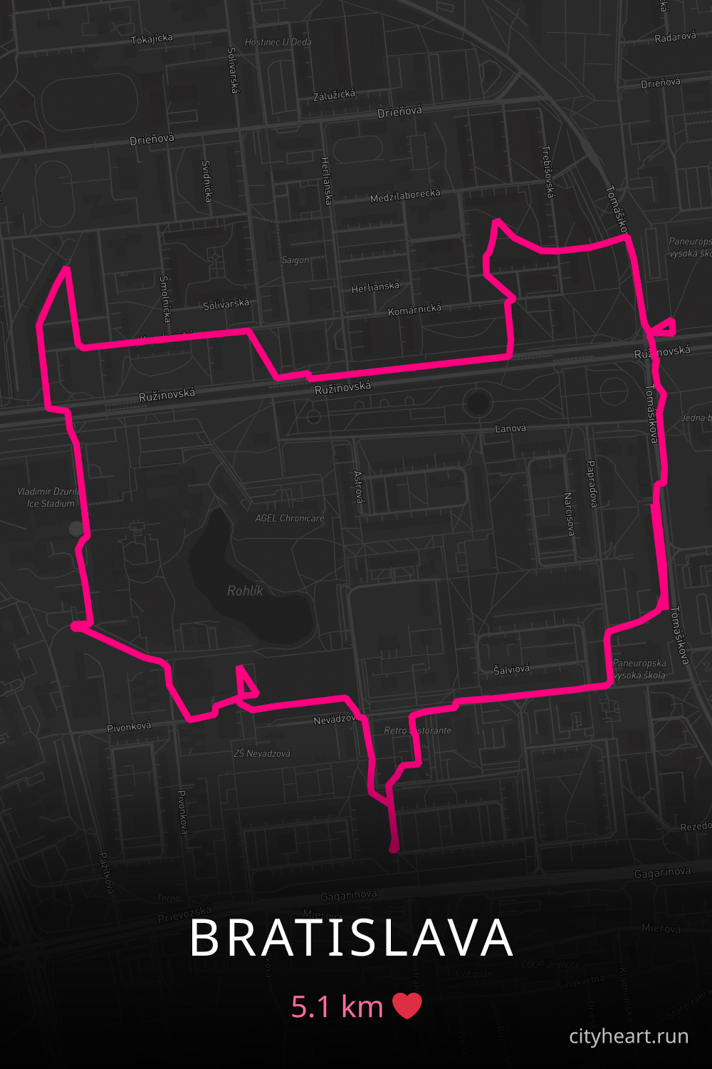 Heart-shaped running route in Bratislava, 5.1 km — GPS art for Strava