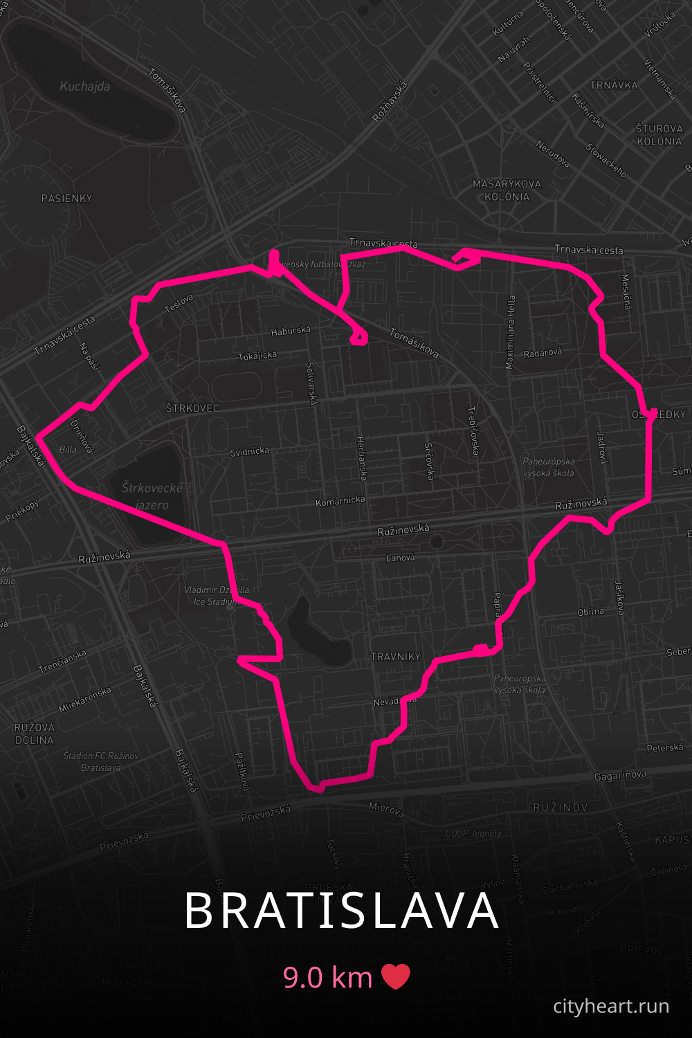 Heart-shaped running route in Bratislava, 9.0 km — GPS art for Strava