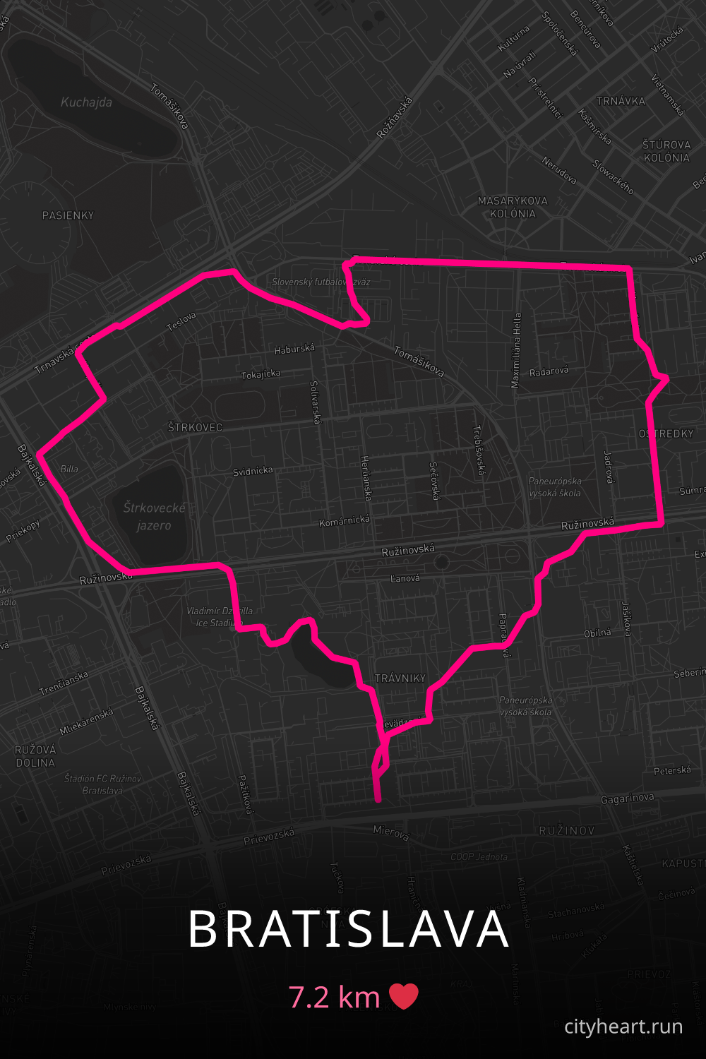 Heart-shaped running route in Bratislava, 7.2 km — GPS art for Strava