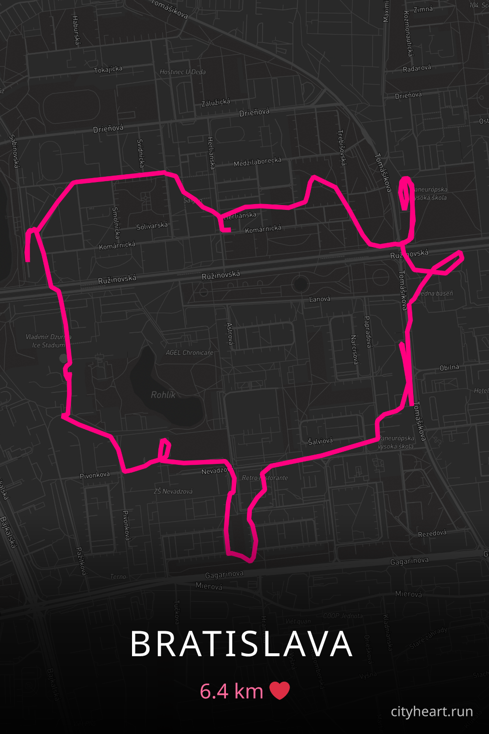 Heart-shaped running route in Bratislava, 6.4 km — GPS art for Strava