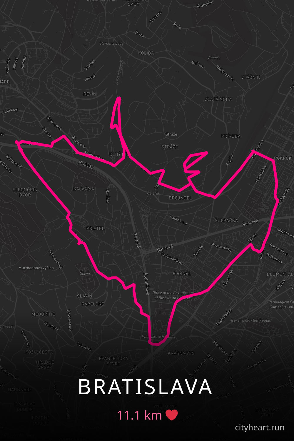 Heart-shaped running route in Bratislava, 11.1 km — GPS art for Strava