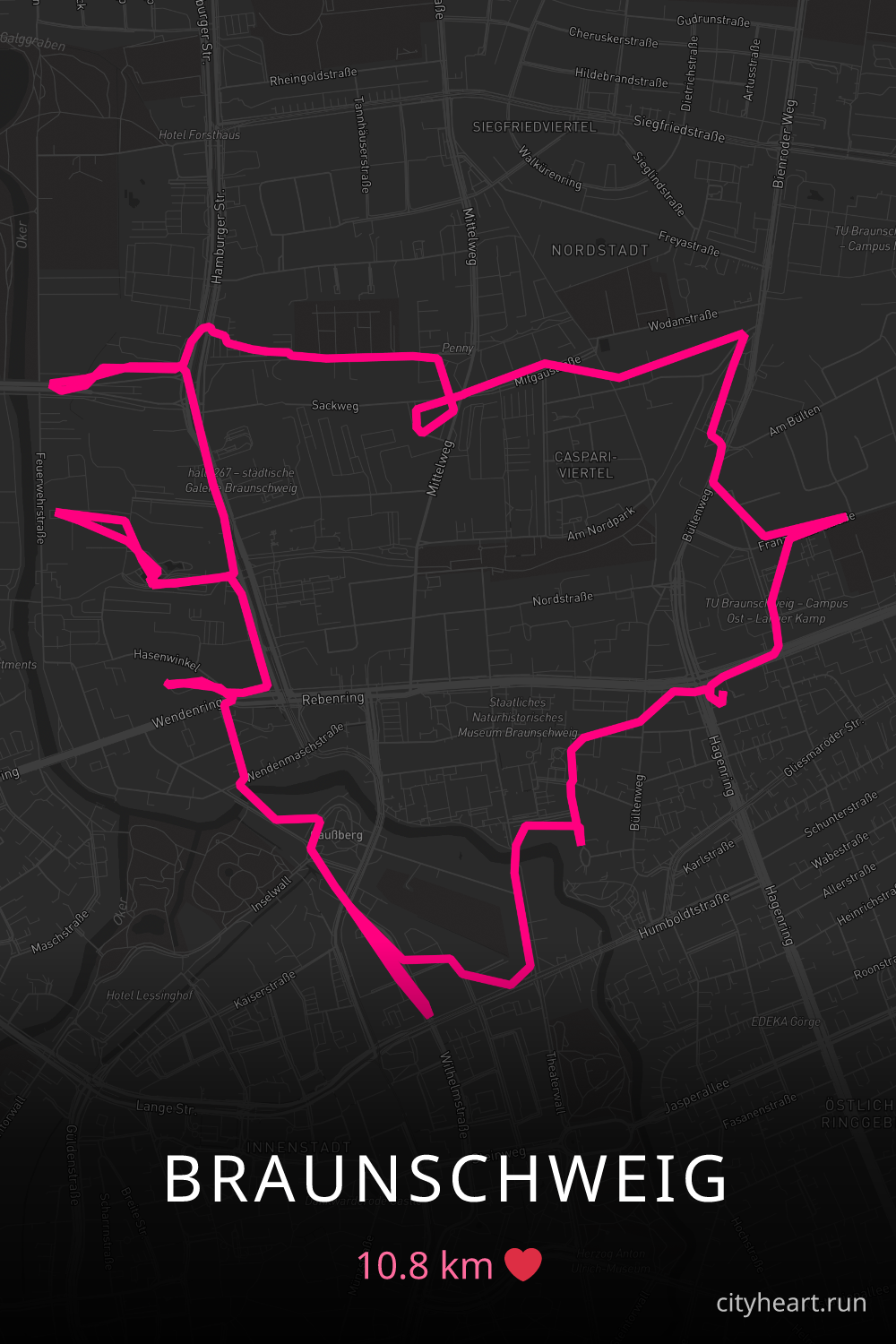 Heart-shaped running route in Braunschweig, 10.8 km — GPS art for Strava