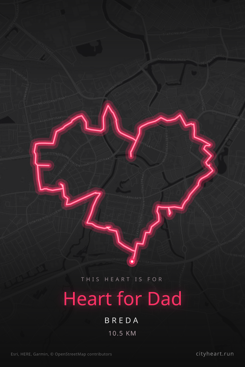 Heart-shaped running route in Breda, 10.5 km — GPS art for Strava