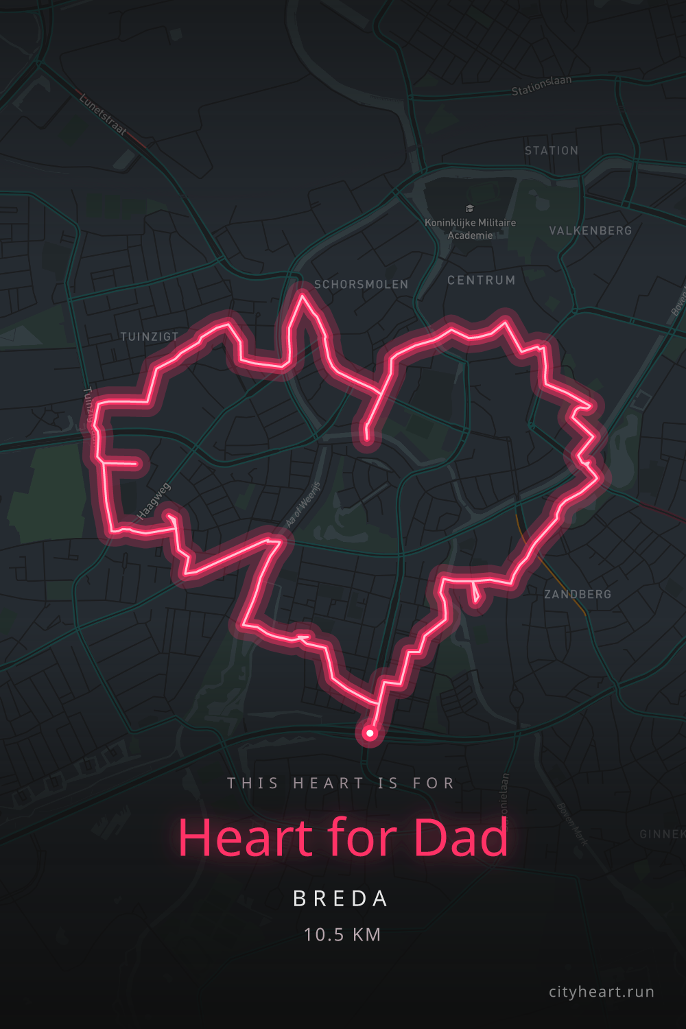 Heart-shaped running route in Breda, 10.5 km — GPS art for Strava